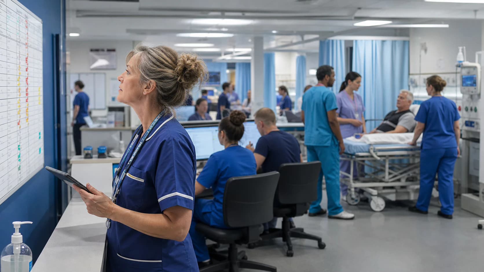 An emergency nurse coordinating patient flow at a busy hospital department
