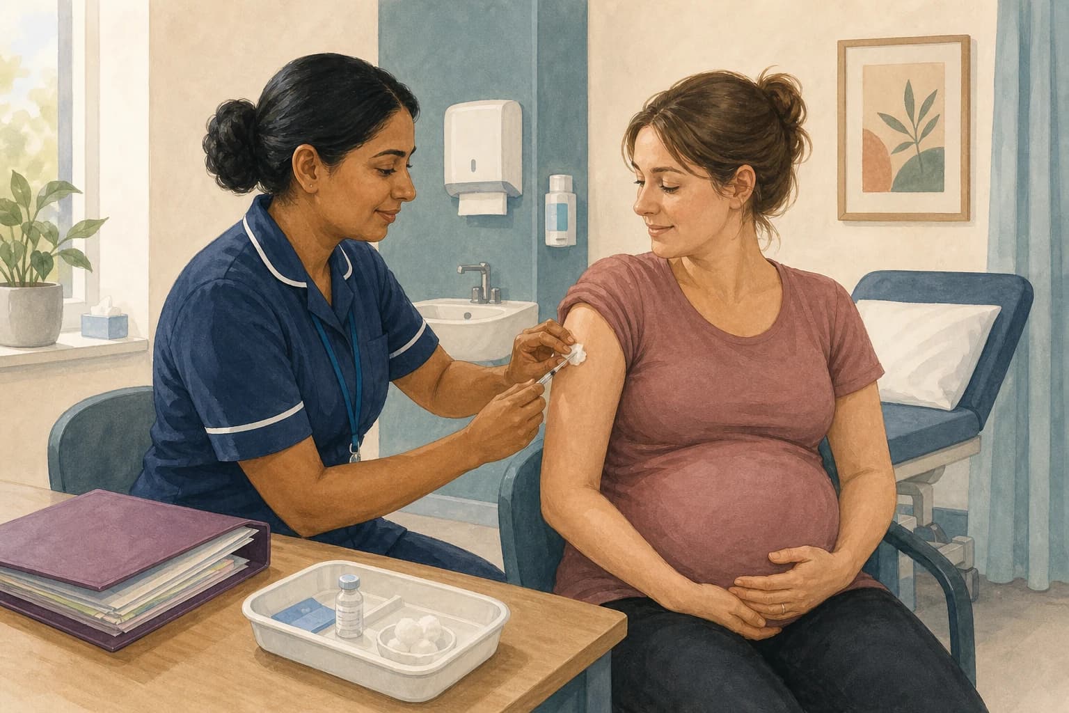 A midwife discussing RSV vaccination with a pregnant woman in an antenatal clinic