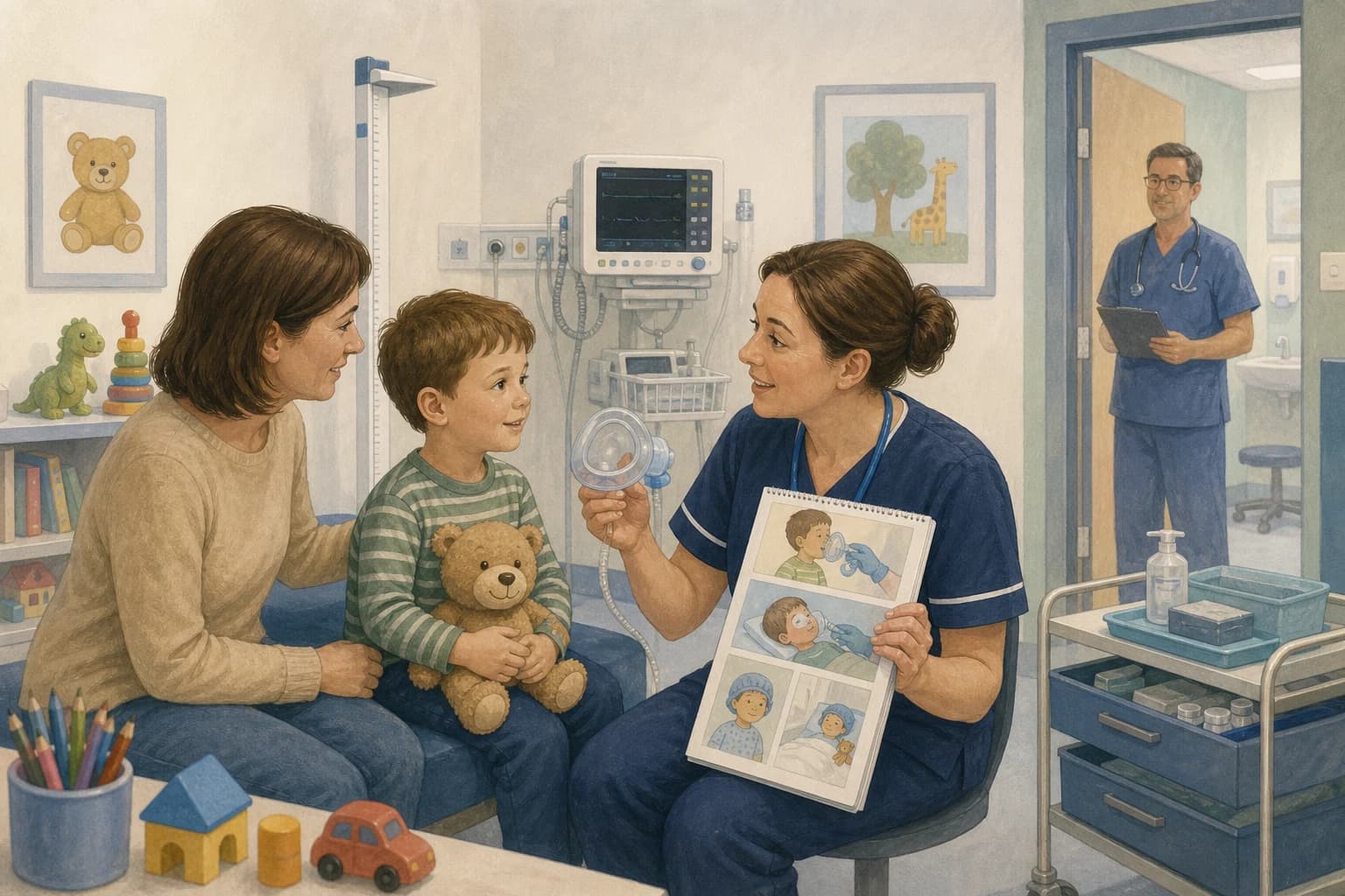 A paediatric nurse reviewing a child’s surgical assessment with a parent while an anaesthetist is available nearby