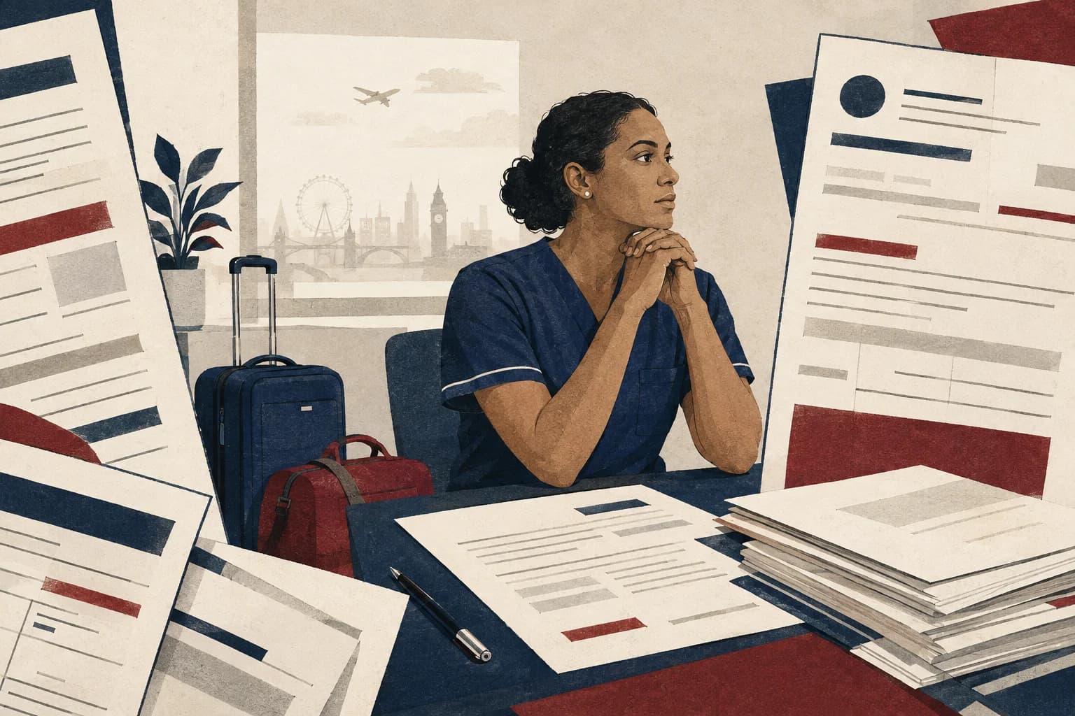 A nurse reviewing an employment contract, visa papers and an itemised list of recruitment costs