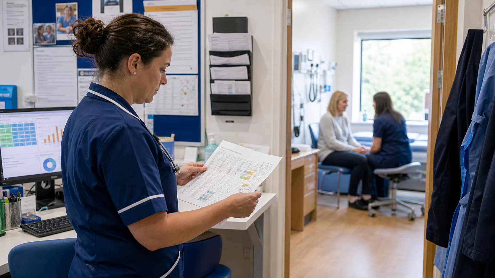 A primary care nurse reviewing a workforce rota beside a clinic room