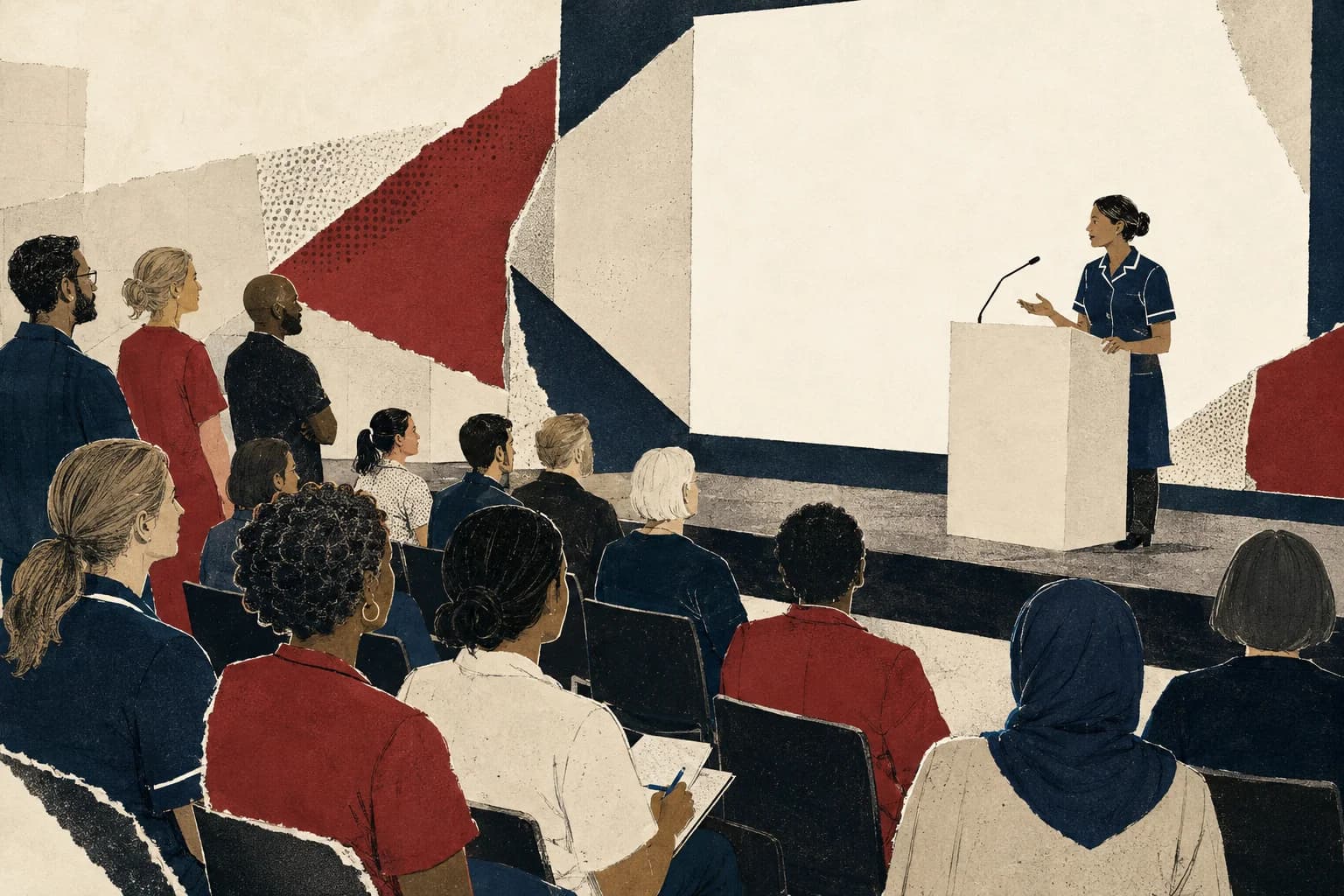 Illustration of a professional standards discussion among nursing colleagues