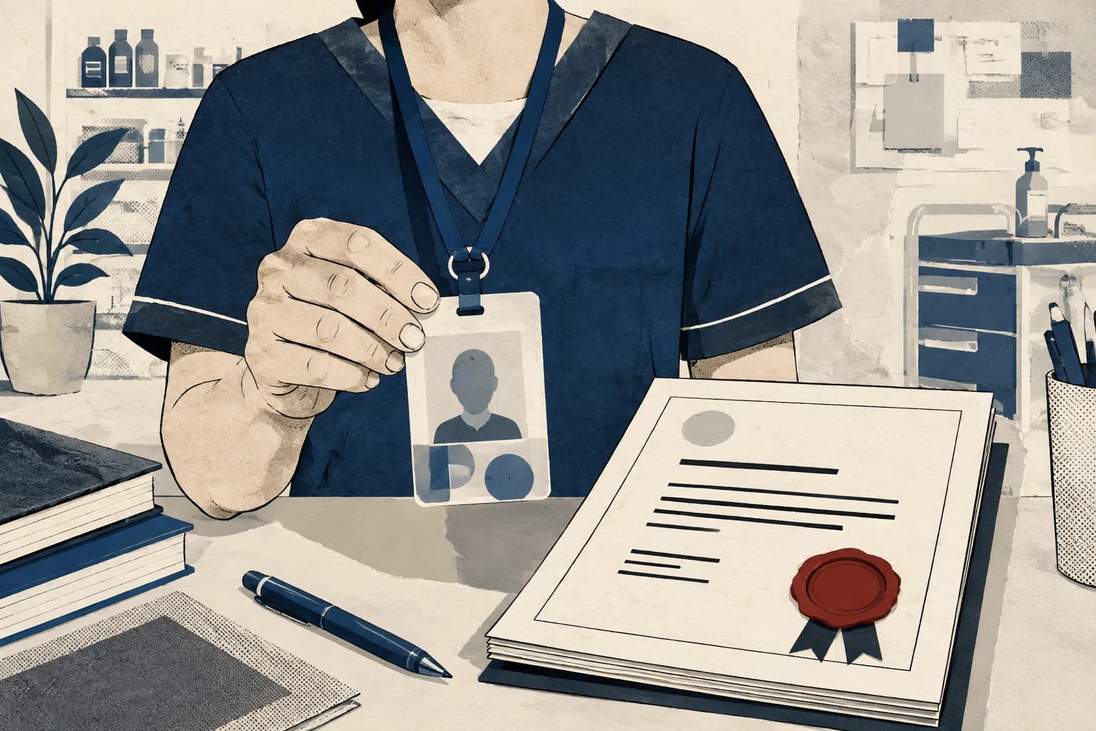 Illustration of a nurse identity badge beside professional documents