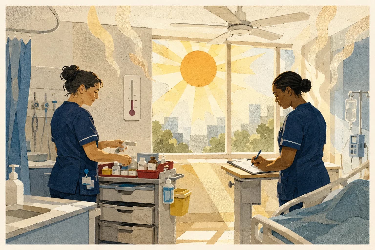 Nurses checking a patient in a sunlit hospital ward beside a wall thermometer showing high heat